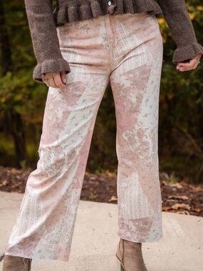 Vintage-Inspired Patchwork Pink & Cream Wide Leg Pants by Easel